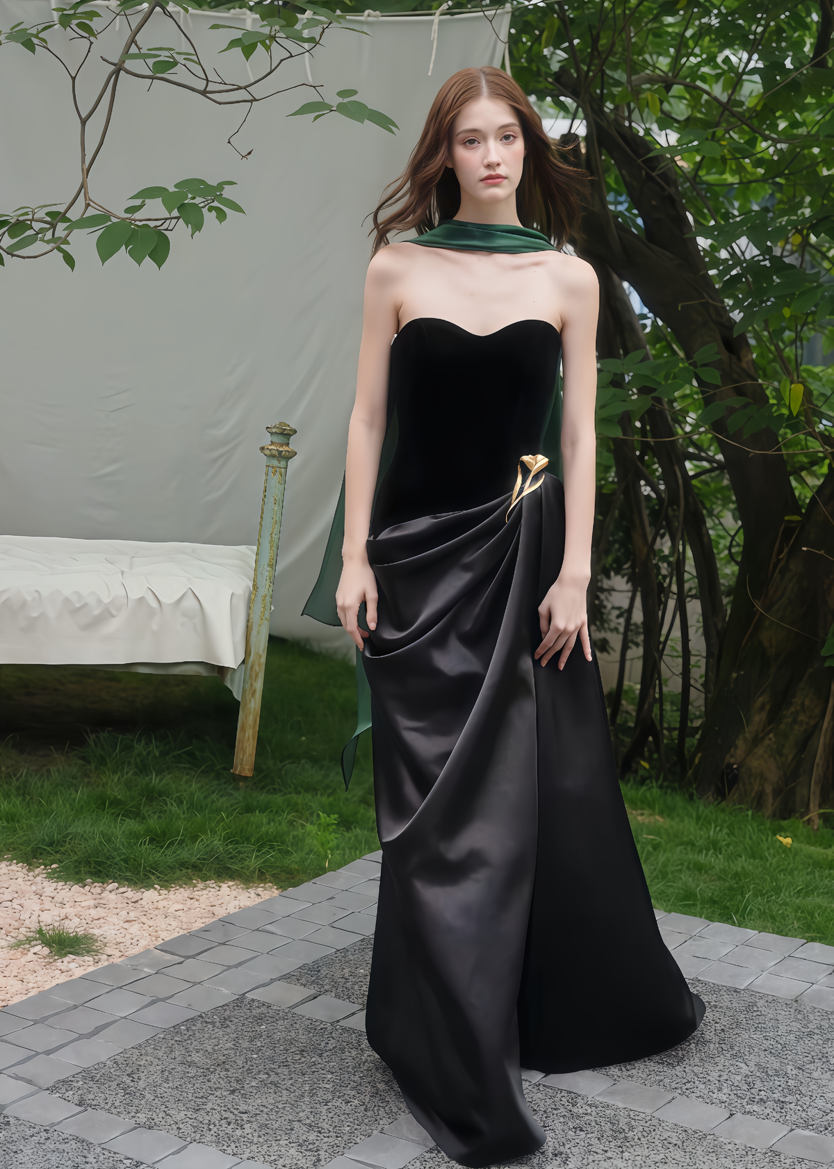 Overview of Black Strapless Satin Evening Gown with Draped Skirt | Formal Dress