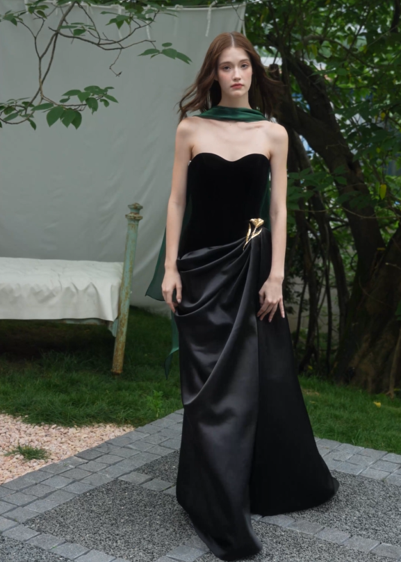 Overview of Black Strapless Satin Evening Gown with Draped Skirt | Formal Dress