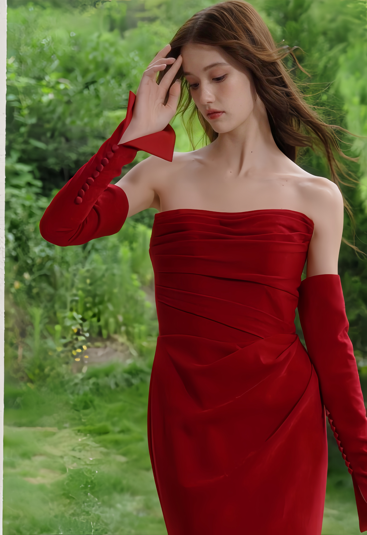 Close View of Red Velvet Strapless Evening Gown with Gloves