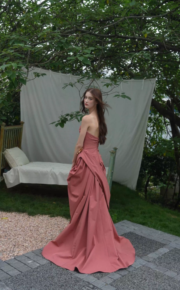 Rose draped strapless A-line wedding dress Back videw