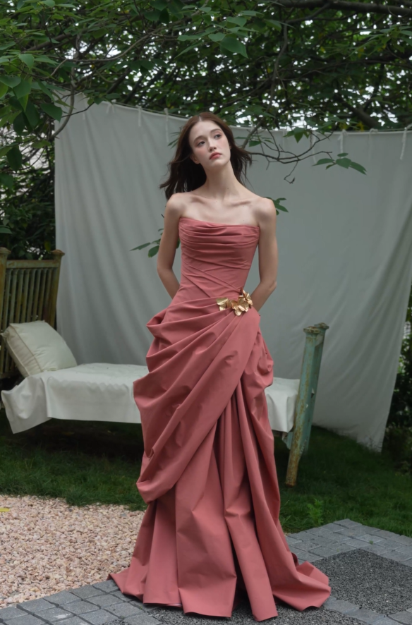 Rose draped strapless A-line wedding dress Front videw