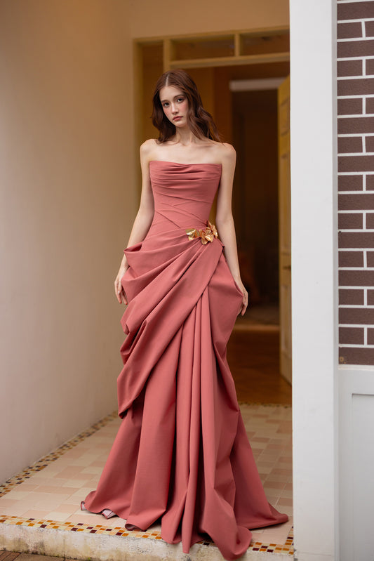 Rose draped strapless A-line wedding dress with floral bow waist detail
