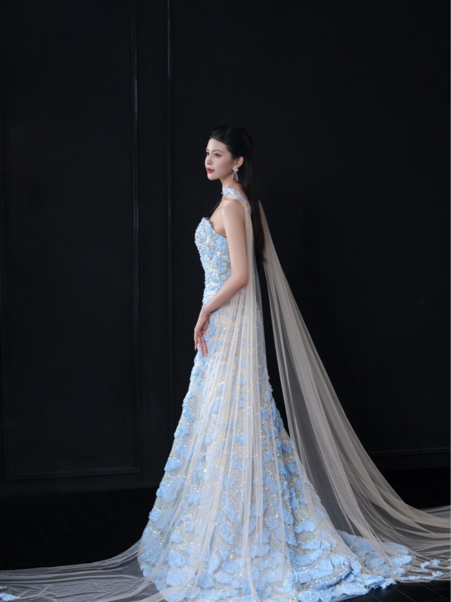 Side View of Light Blue 3D Floral Evening Gown with Cape | A-Line Formal Dress