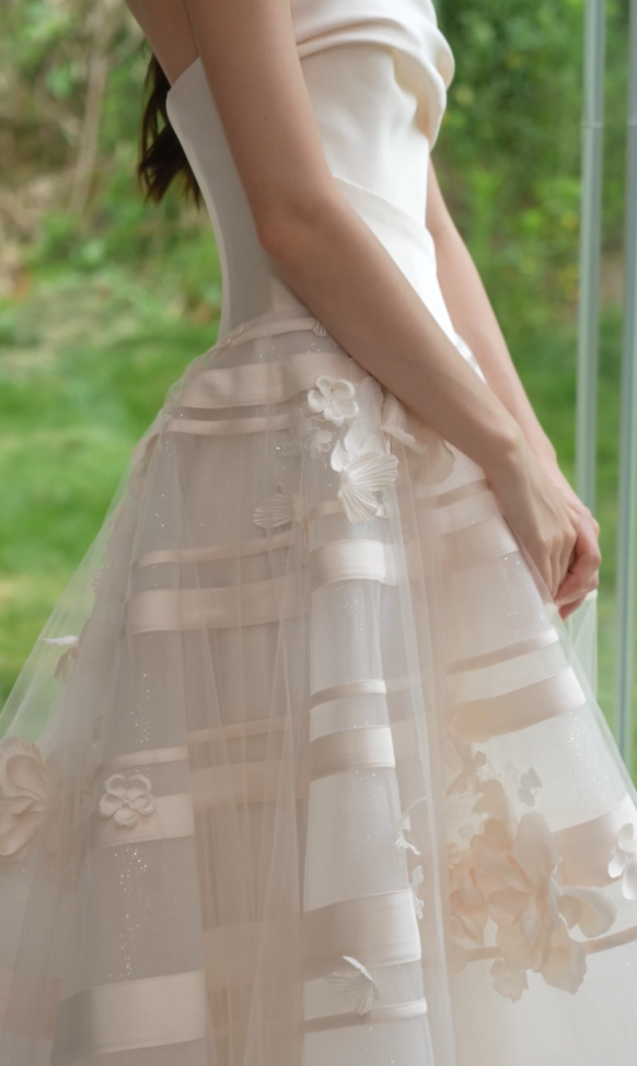 Side view of Floral strapless A-line wedding dress