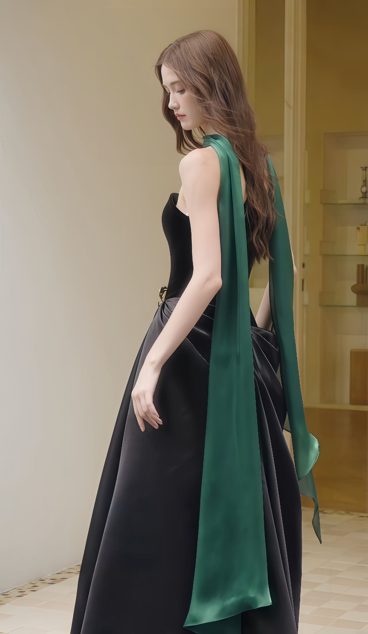 Side view of Black Strapless Satin Evening Gown with Draped Skirt | Formal Dress