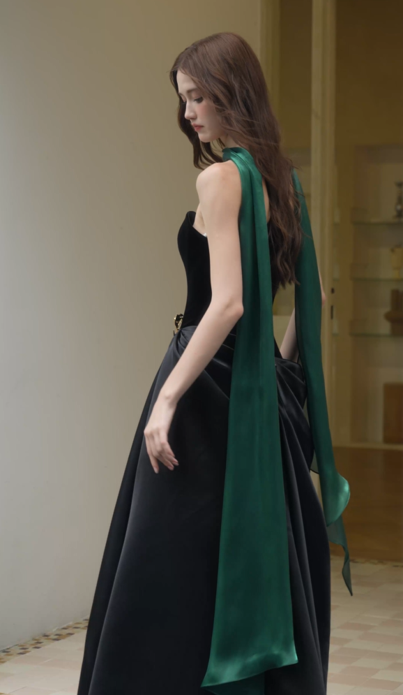 Side view of Black Strapless Satin Evening Gown with Draped Skirt | Formal Dress