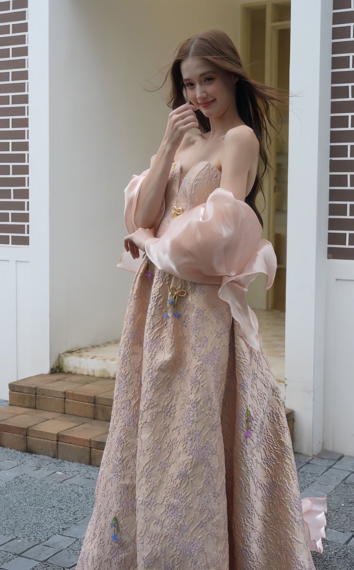 Side view of Blush Pink A-Line Wedding Dress with Floral Details & Bow