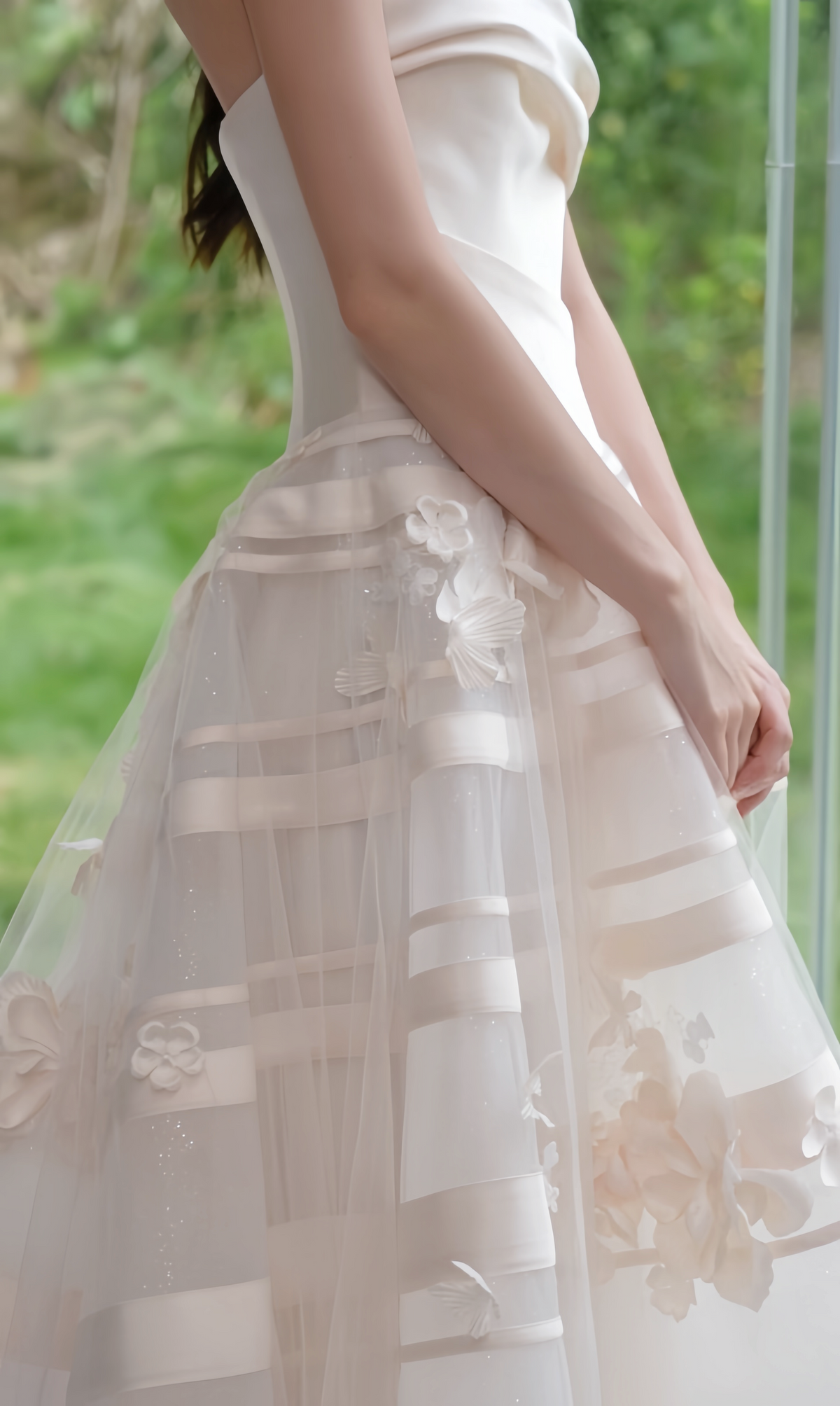 Side view of Floral strapless A-line wedding dress
