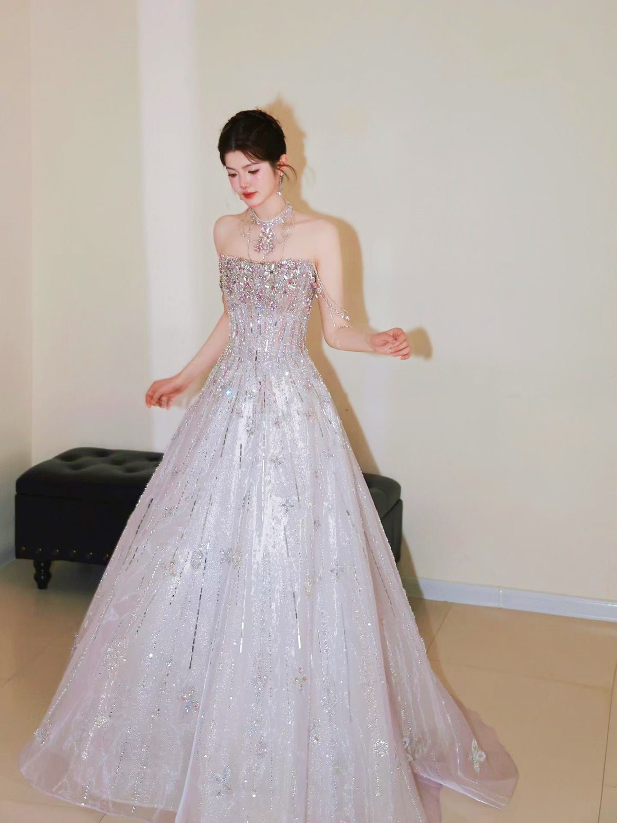 Side view of Sparkly Crystal Beaded Ball Gown | Strapless Corset Formal Dress