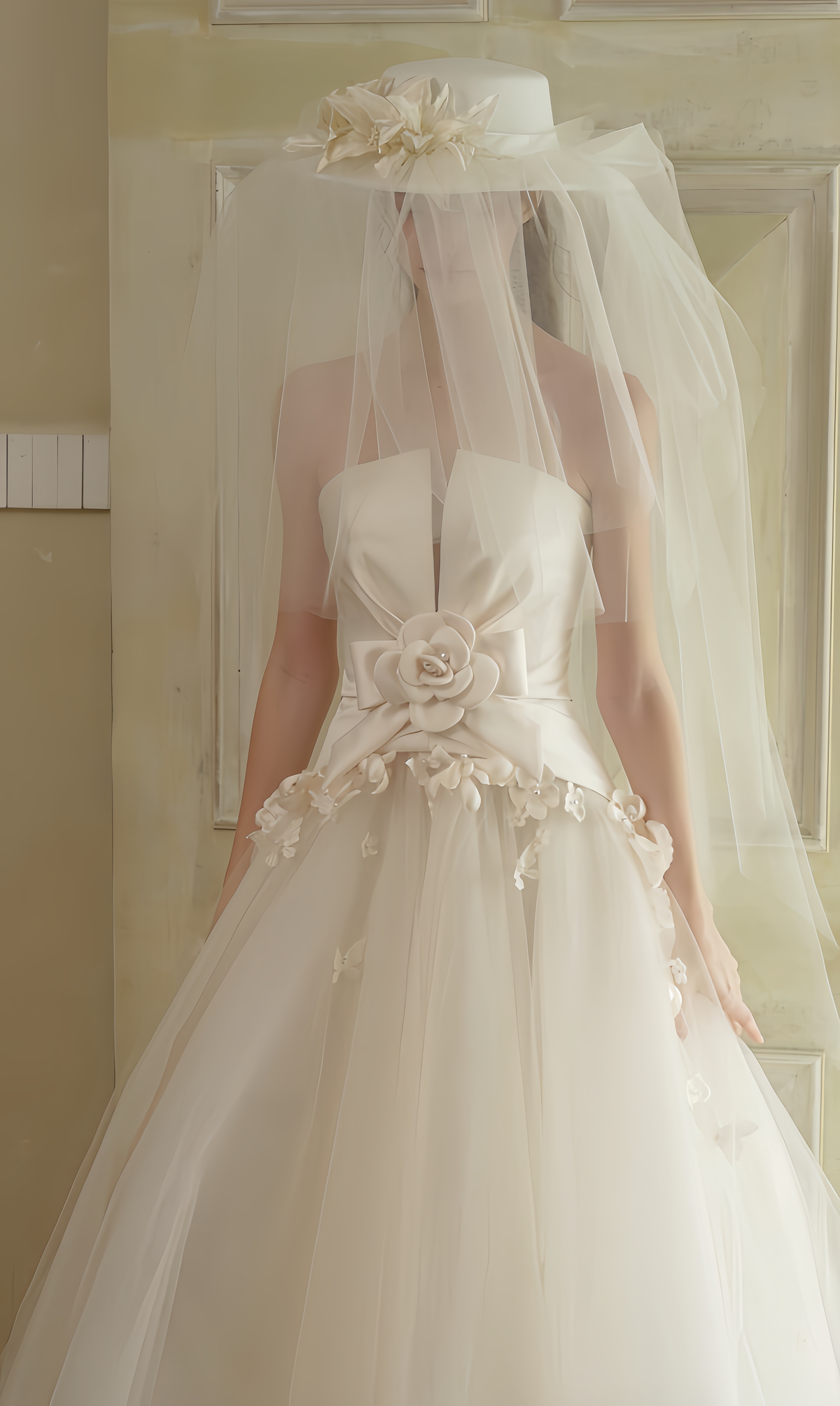 Strapless satin wedding dress with three-dimensional floral waist appliqué