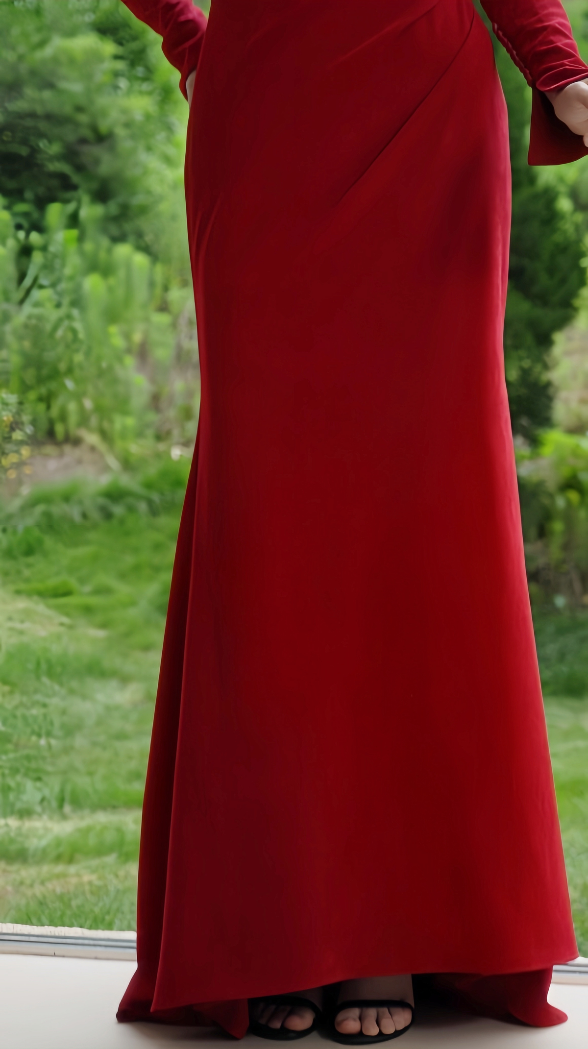 Dress details of Red Velvet Strapless Evening Gown with Gloves