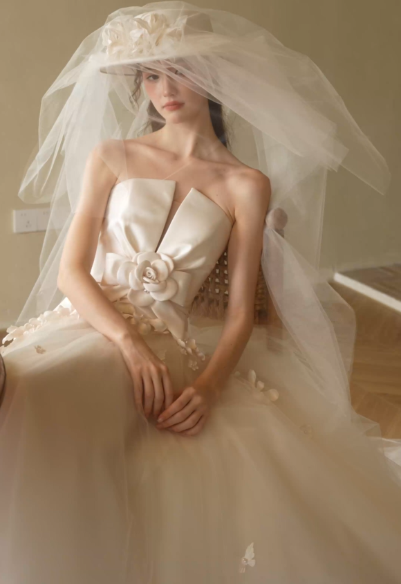 Romantic floral wedding dress with matching flower veil
