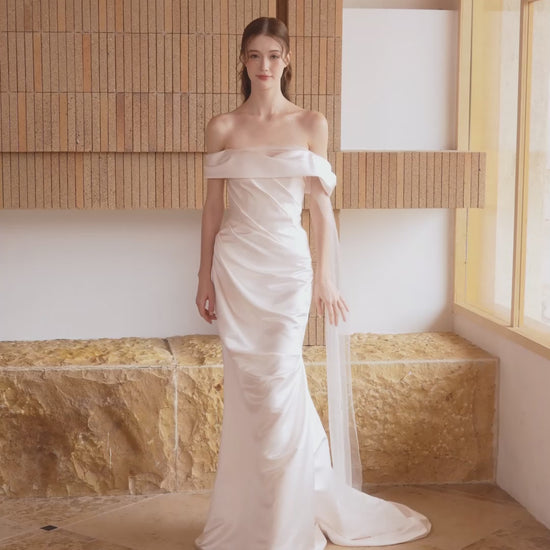 Minimalist Satin Off-the-Shoulder Sheath Wedding Dress