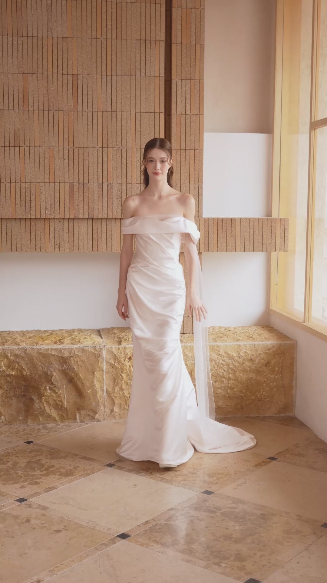 Minimalist Satin Off-the-Shoulder Sheath Wedding Dress