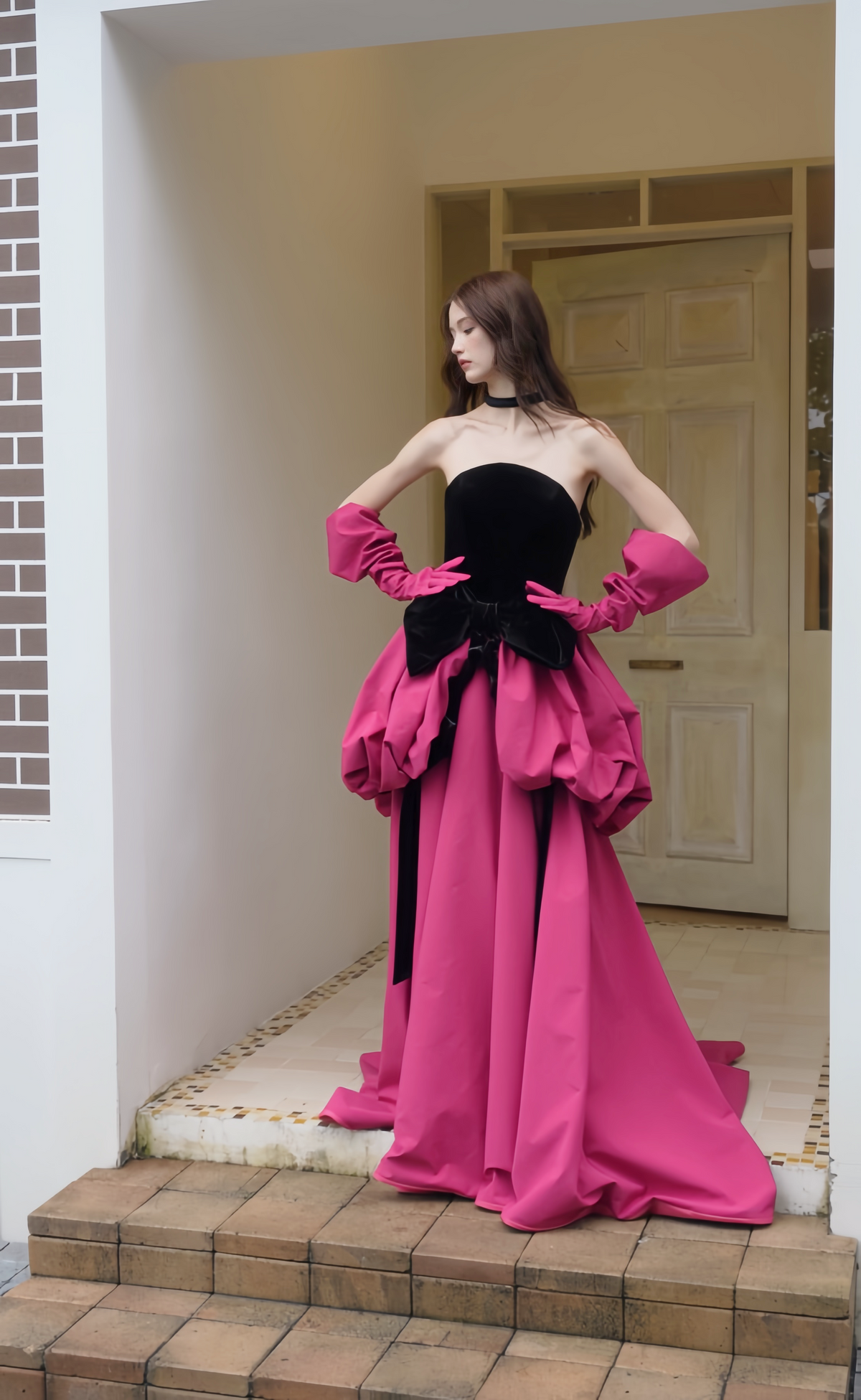 Front view of strapless velvet ball gown wedding dress